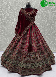 Divine Maroon Color Velvet Hand Work Designer Wedding Wear A Line Lehenga Choli